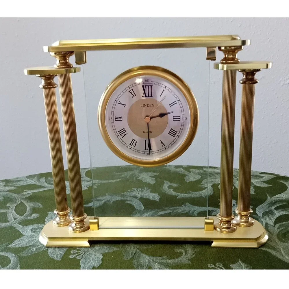 Linden Brass & Glass Clock Mantel Shelf Desk classic pillars German Movement
